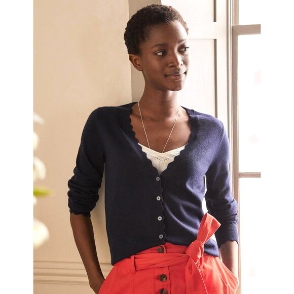 Boden Sweaters - Boden Merino Wool Scallop Trim Cardigan Navy Blue Size 10 Button Front V-Neck